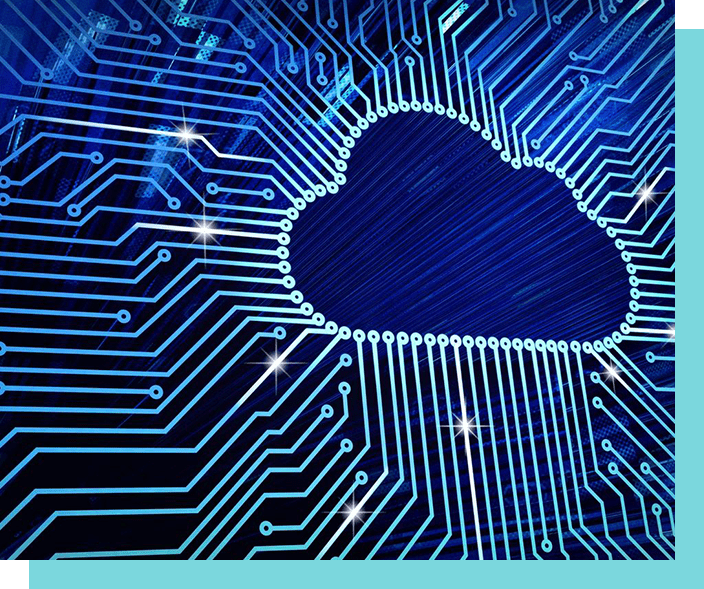 A computer circuit board with the cloud in the center.