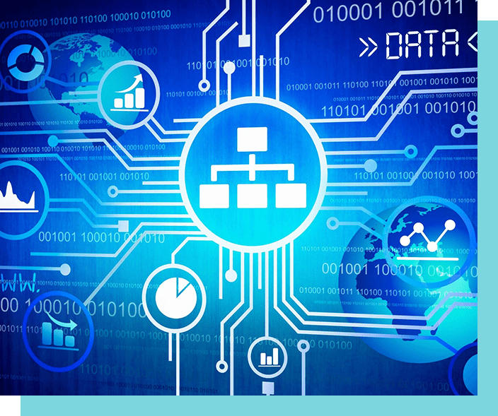 A blue background with various computer and data symbols.