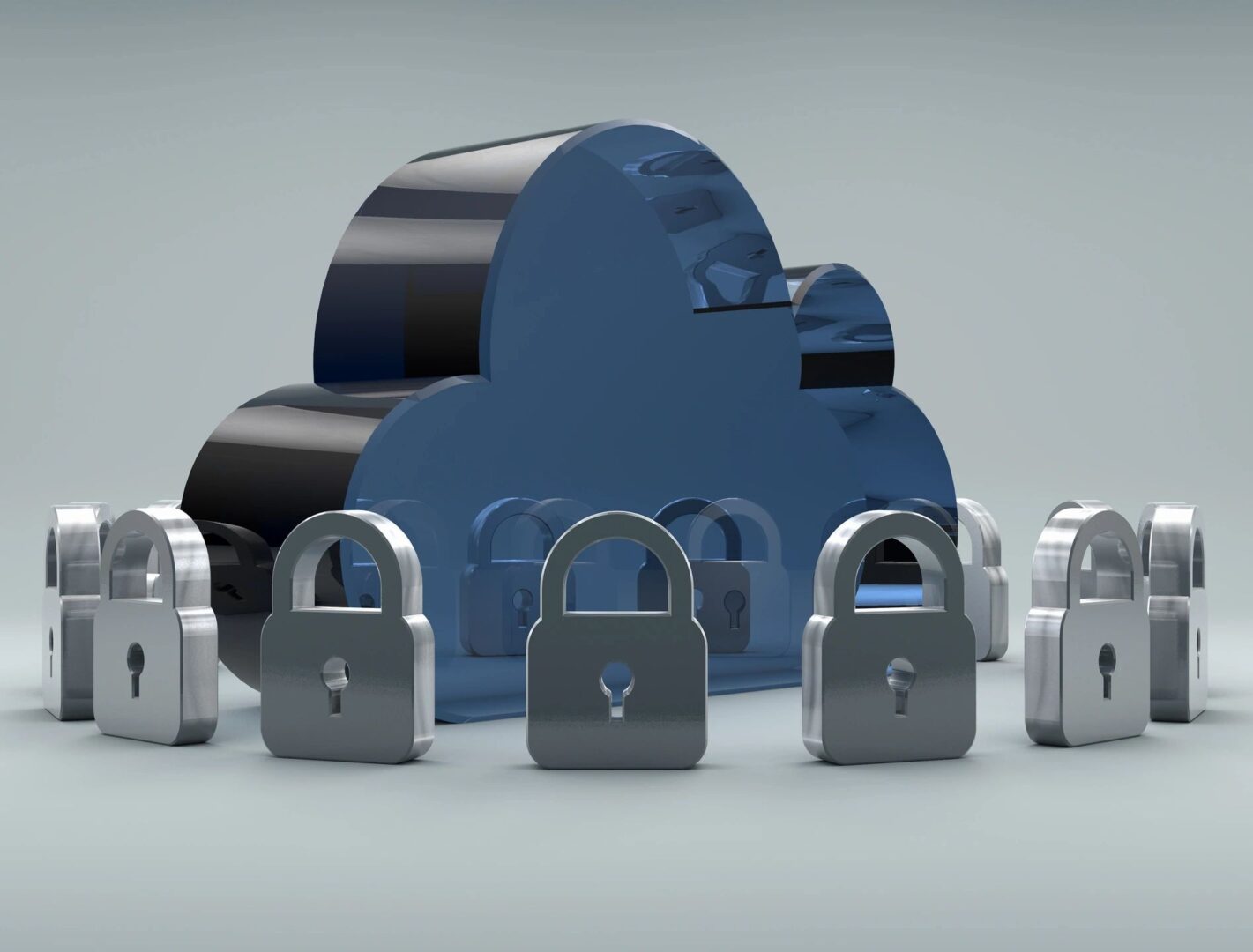 A group of padlocks sitting in front of the cloud.